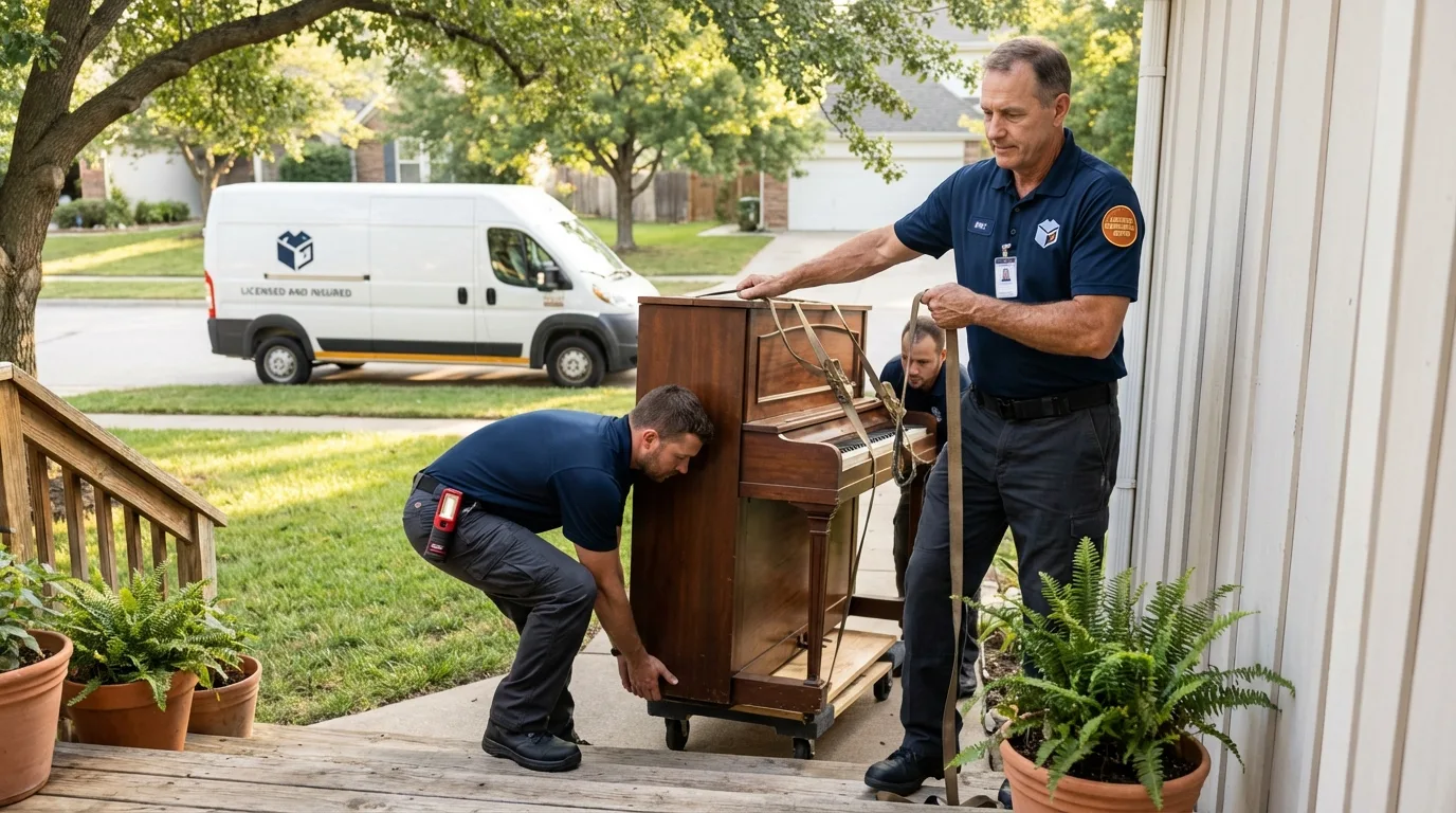 Licensed piano movers securing grand piano in Sudbury, MA