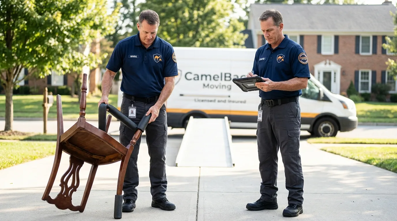 Movers inspecting furniture for damage prevention before loading in Sudbury, MA
