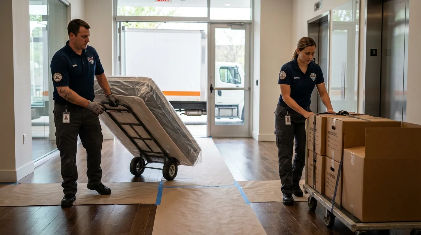 Professional apartment movers loading elevator in Sudbury, MA