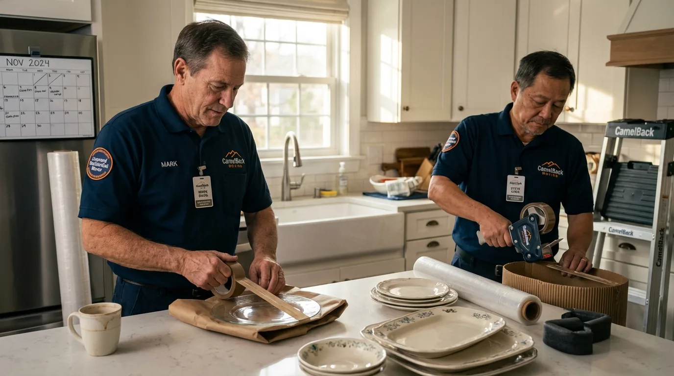 Professional crew packing kitchen dishware in Sudbury, MA
